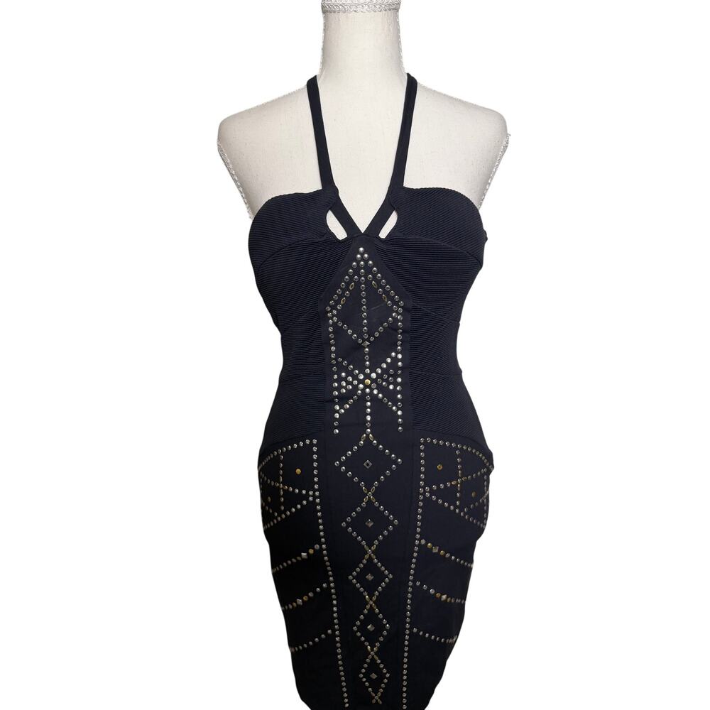 Bebe Black Halter Bodycon Dress Studded Rhinestone Y2K Cocktail Party